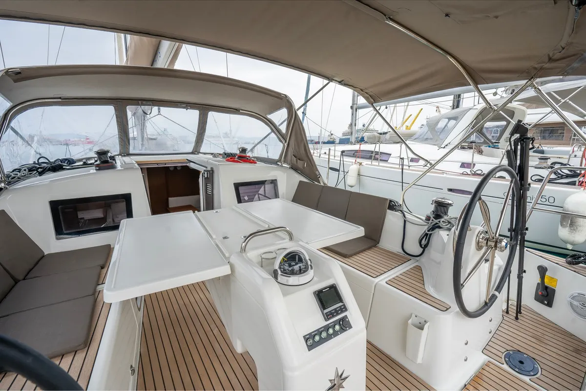 Cockpit of Kallisto, a Jeanneau Sun Odyssey 410 sailboat at Marpissa, Greece