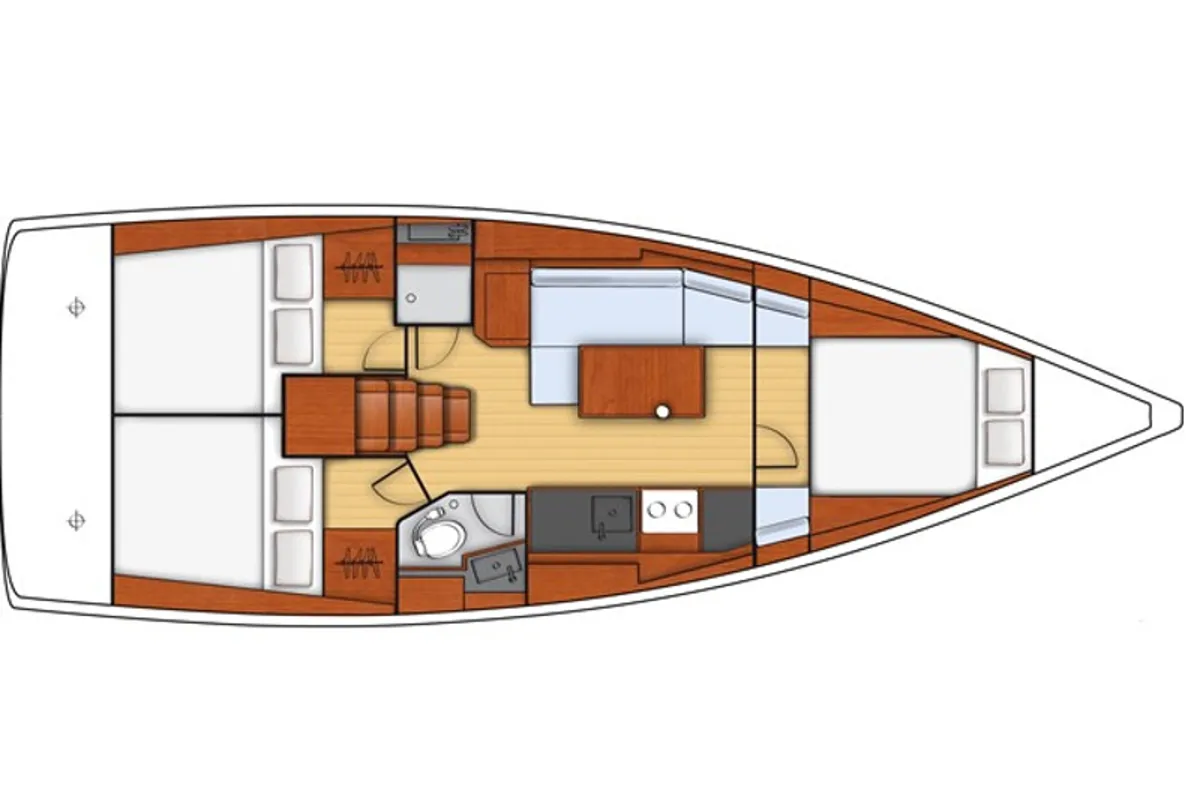 Floor plan of Chiara, a Beneteau Oceanis 38 sailboat at Tonnarella, Italy
