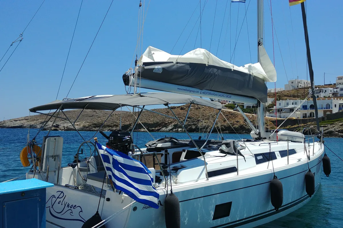 Exterior view of Polynoe, a Hanse 418 sailboat at Lavreotiki Municipal Unit, Greece