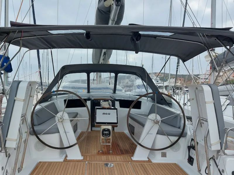 Cockpit of Polynoe, a Hanse 418 sailboat at Lavreotiki Municipal Unit, Greece