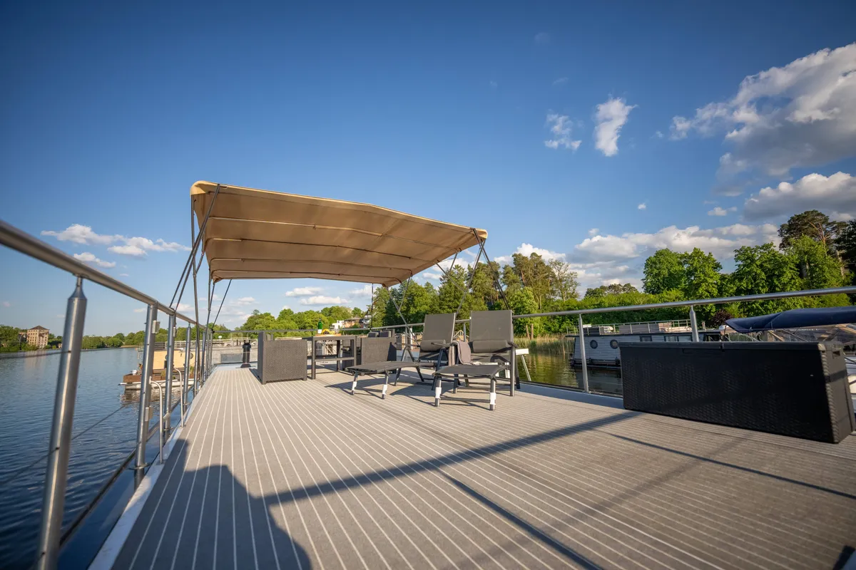 Deck of Emsel, a Woma D13 motorboat at Fürstenberg/Havel, Germany