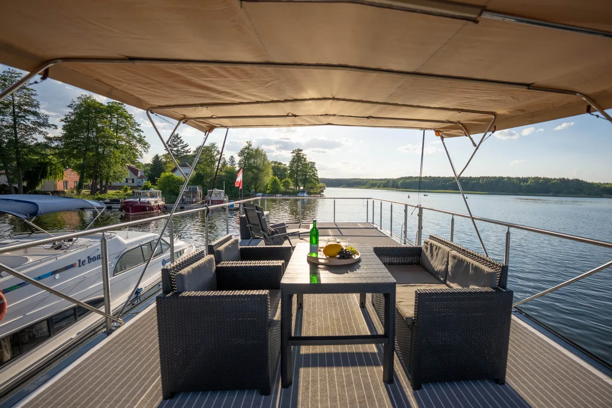 Deck of Emsel, a Woma D13 motorboat at Fürstenberg/Havel, Germany