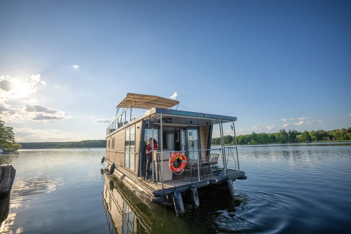 Exterior view of Emsel, a Woma D13 motorboat at Fürstenberg/Havel, Germany