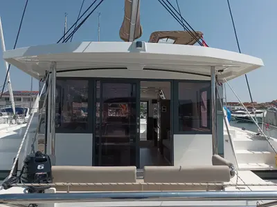 Cockpit of Mirjana, a Bali 4.2 catamaran at Pirovac, Croatia