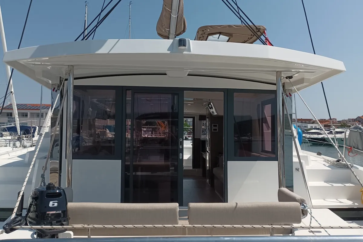 Cockpit of Mirjana, a Bali 4.2 catamaran at Pirovac, Croatia