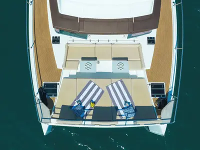 Deck of Sierra, a Bali 4.3 MY catamaran at Sukošan, Croatia