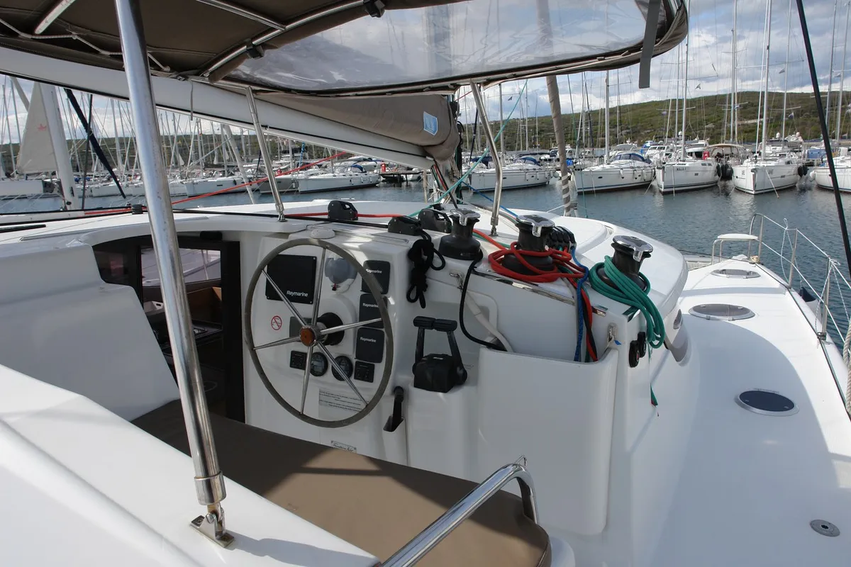 Deck of Argos, a Fountaine Pajot Lipari 41 catamaran at Punat, Croatia