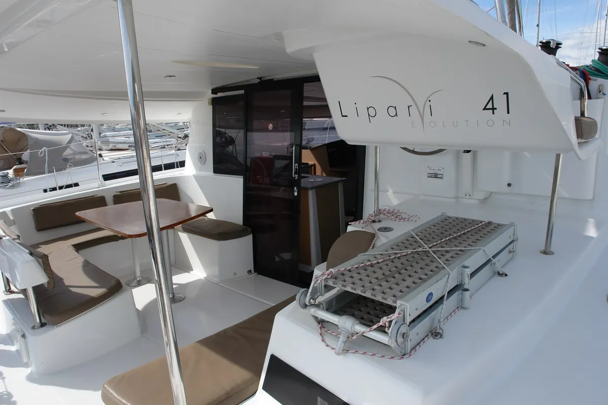 Deck of Argos, a Fountaine Pajot Lipari 41 catamaran at Punat, Croatia