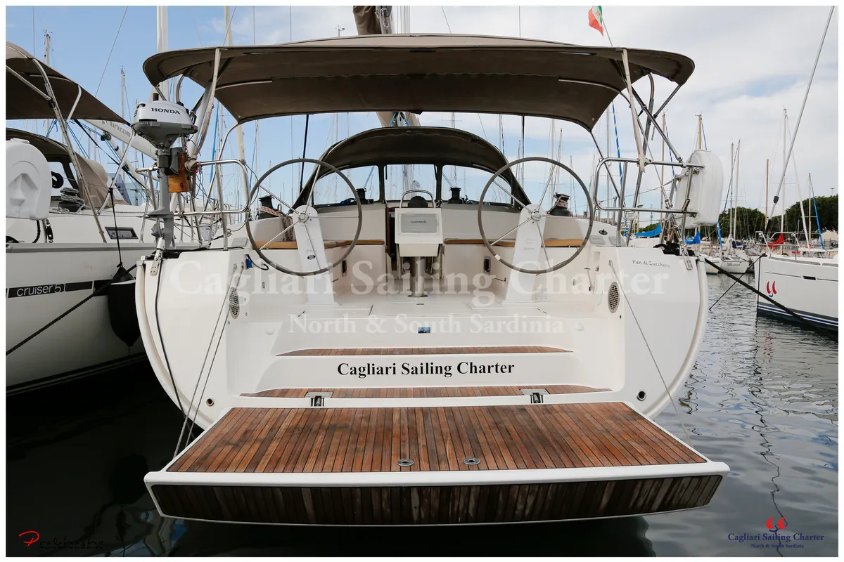 Exterior view of Pan di Zucchero, a Bavaria Cruiser 51 sailboat at Alghero, Italy