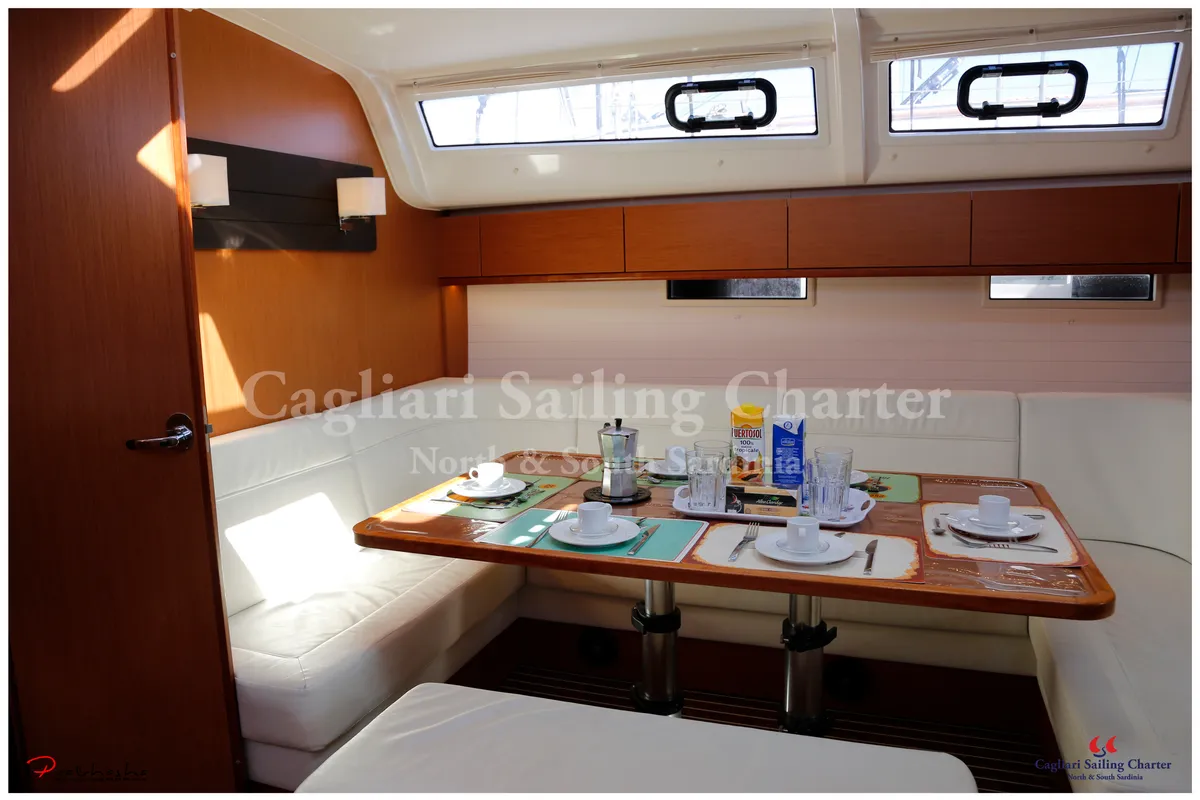 Exterior view of Pan di Zucchero, a Bavaria Cruiser 51 sailboat at Alghero, Italy