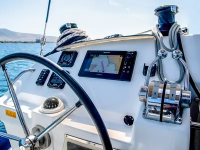 Cockpit of Christina, a Lagoon 400 S2 catamaran at Athens, Greece