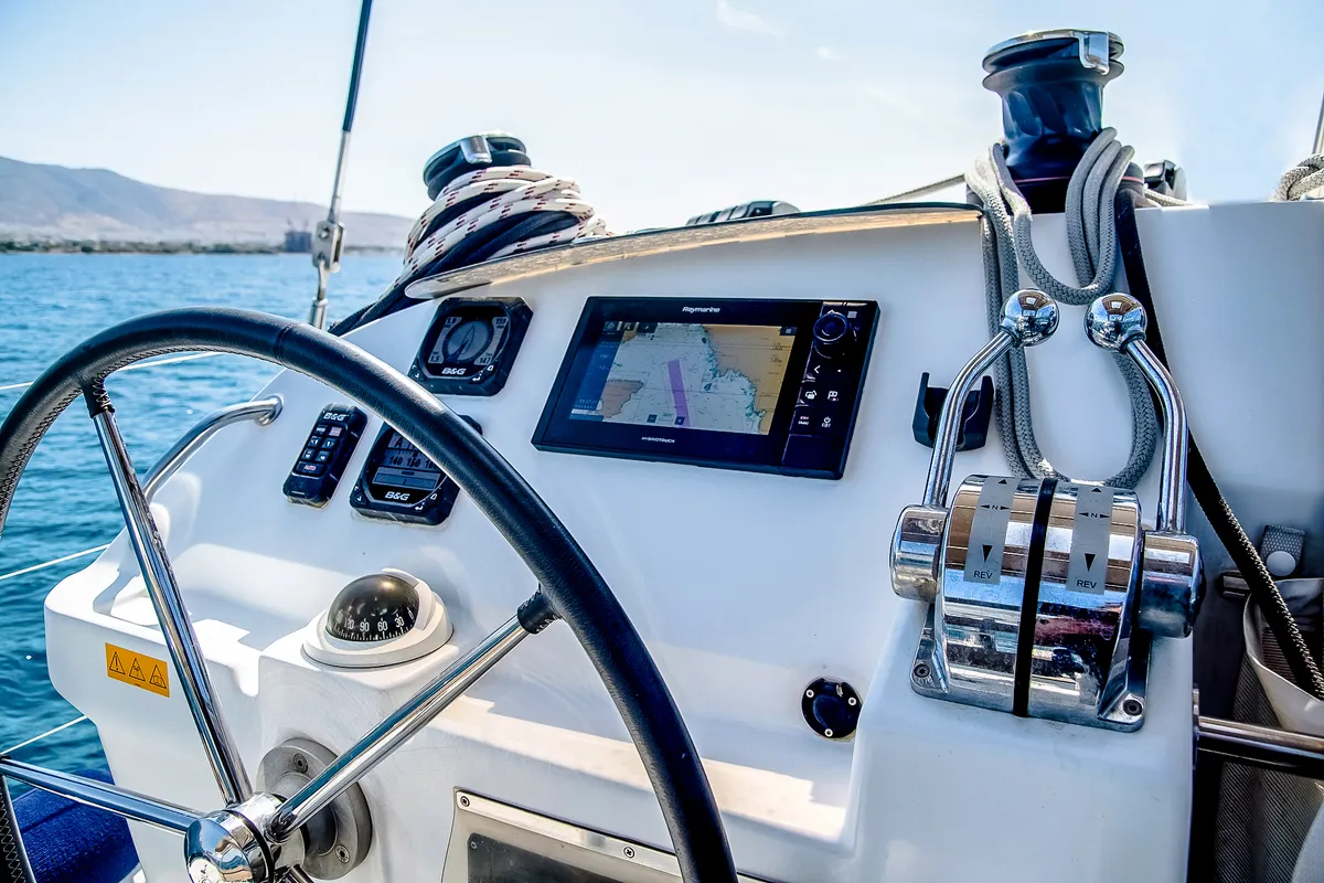 Cockpit of Christina, a Lagoon 400 S2 catamaran at Athens, Greece