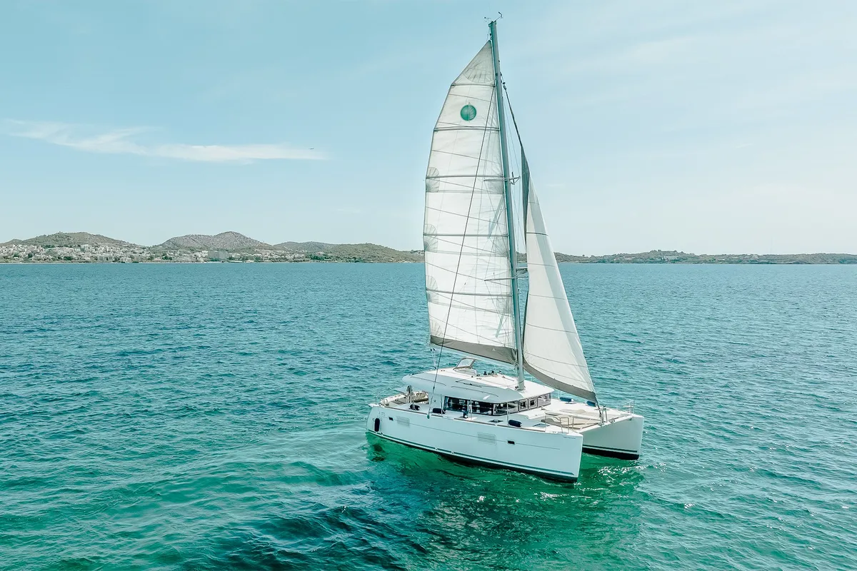 Exterior view of Christina, a Lagoon 400 S2 catamaran at Athens, Greece