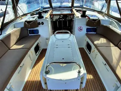Deck of Unique I, a Jeanneau Sun Odyssey 519 sailboat at Nea Peramos, Greece