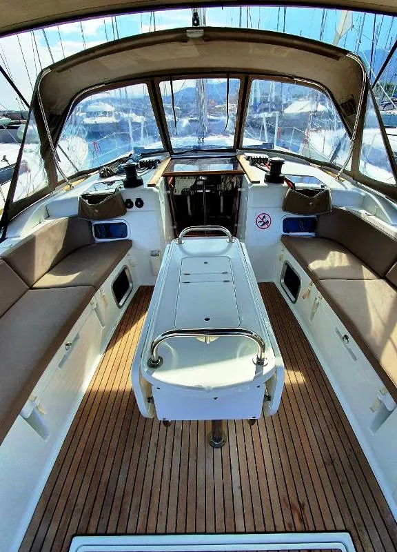 Deck of Unique I, a Jeanneau Sun Odyssey 519 sailboat at Municipal Unit of Nea Peramos, Greece