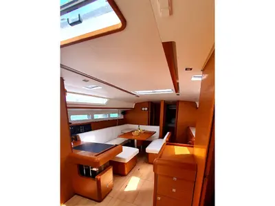 Salon of Unique I, a Jeanneau Sun Odyssey 519 sailboat at Municipal Unit of Nea Peramos, Greece