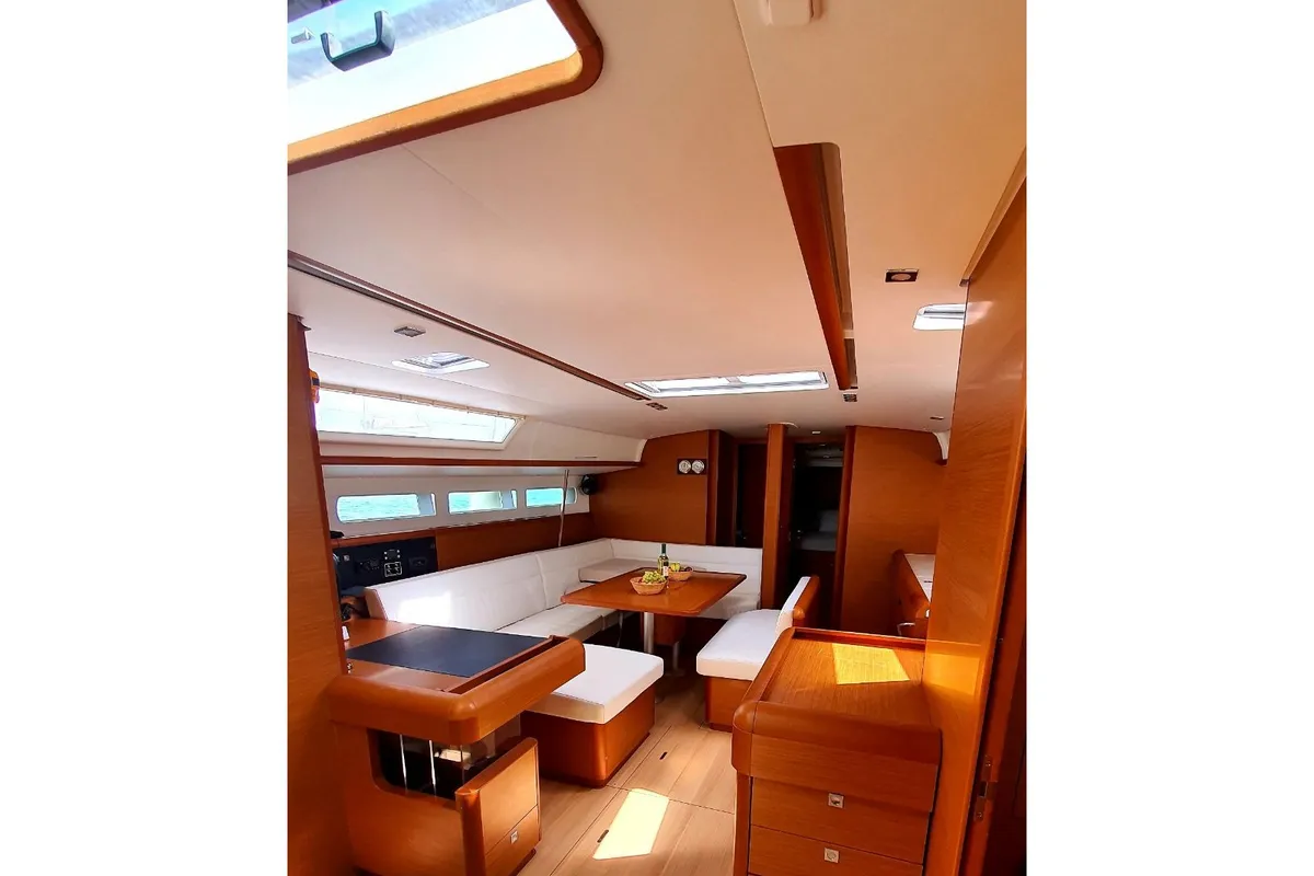 Salon of Unique I, a Jeanneau Sun Odyssey 519 sailboat at Municipal Unit of Nea Peramos, Greece