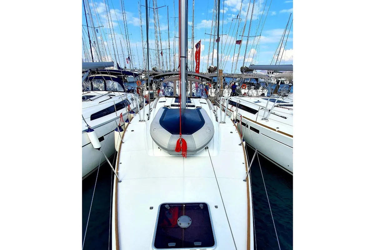 Deck of Unique I, a Jeanneau Sun Odyssey 519 sailboat at Municipal Unit of Nea Peramos, Greece