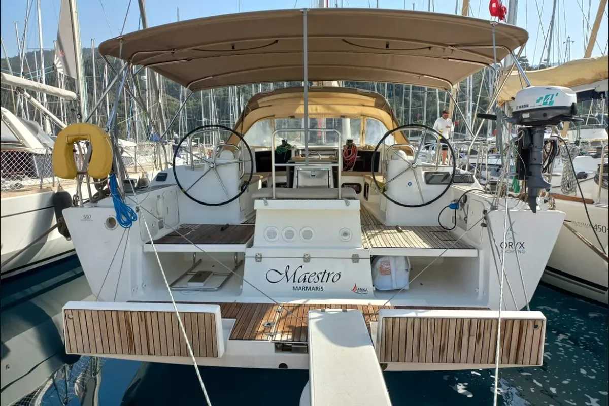 Exterior view of Maestro, a Dufour 500 GL sailboat at Fethiye, Turkey