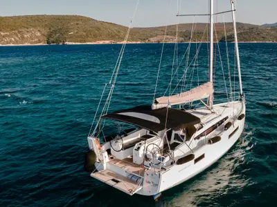 Deck of Artemis, a Jeanneau Sun Odyssey 410 sailboat at Volos Municipality, Greece