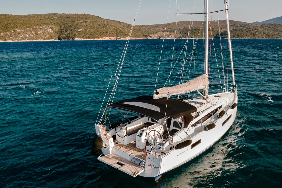 Deck of Artemis, a Jeanneau Sun Odyssey 410 sailboat at Volos Municipality, Greece