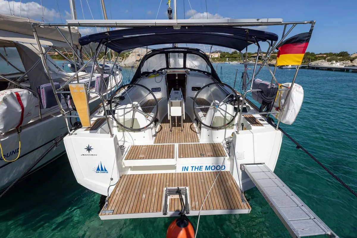 Exterior view of In The Mood, a Jeanneau Sun Odyssey 349 sailboat at Figari/Golfo Aranci, Italy