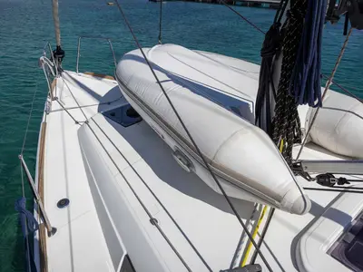 Deck of In The Mood, a Jeanneau Sun Odyssey 349 sailboat at Figari/Golfo Aranci, Italy