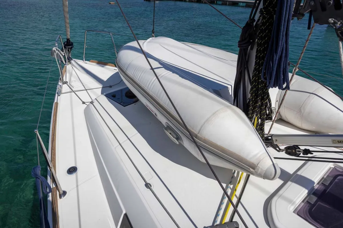 Deck of In The Mood, a Jeanneau Sun Odyssey 349 sailboat at Figari/Golfo Aranci, Italy