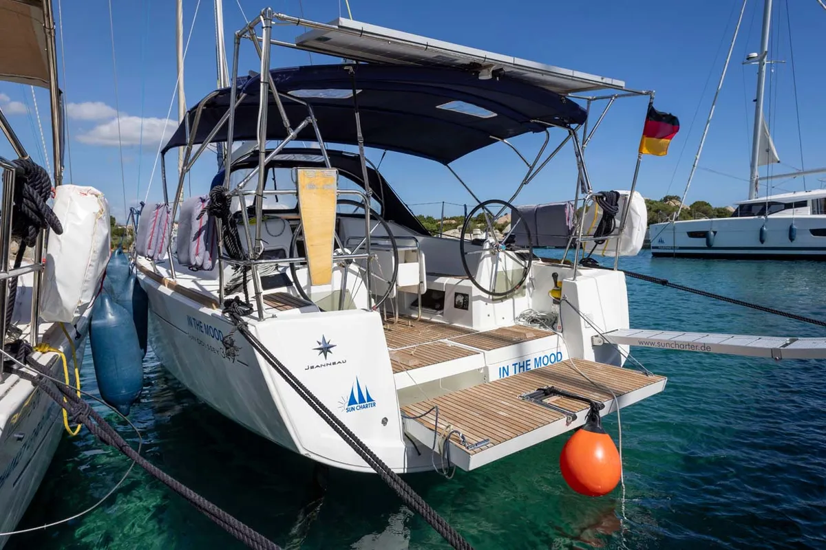 Exterior view of In The Mood, a Jeanneau Sun Odyssey 349 sailboat at Figari/Golfo Aranci, Italy
