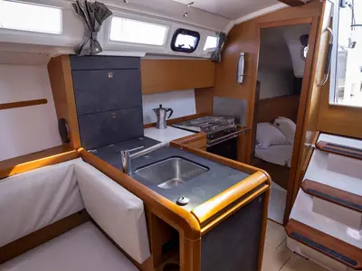 Galley of In The Mood, a Jeanneau Sun Odyssey 349 sailboat at Figari/Golfo Aranci, Italy