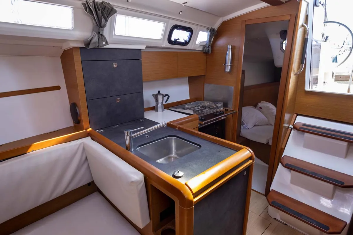 Galley of In The Mood, a Jeanneau Sun Odyssey 349 sailboat at Figari/Golfo Aranci, Italy