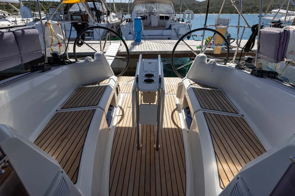 Cockpit of In The Mood, a Jeanneau Sun Odyssey 349 sailboat at Figari/Golfo Aranci, Italy