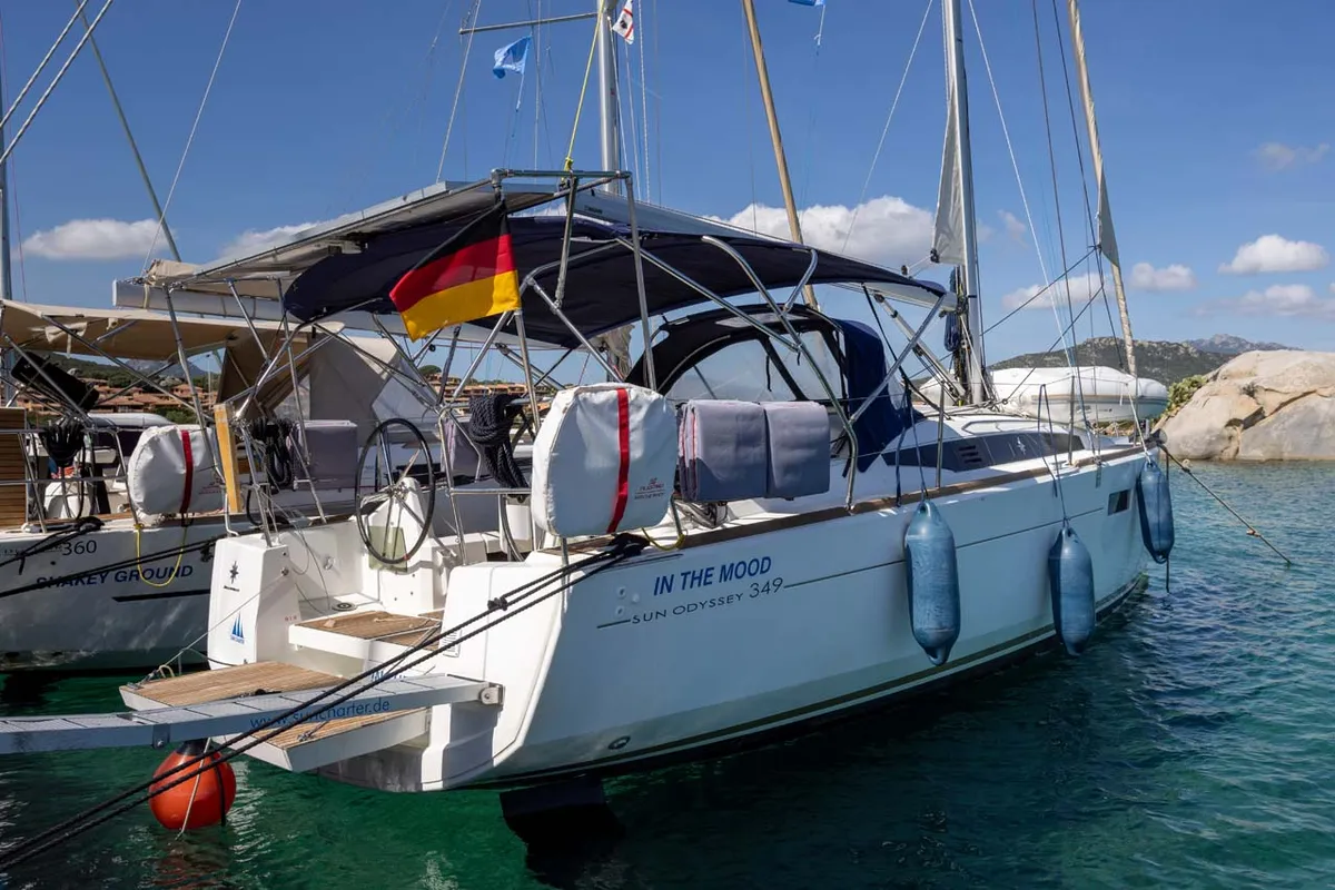 Exterior view of In The Mood, a Jeanneau Sun Odyssey 349 sailboat at Figari/Golfo Aranci, Italy