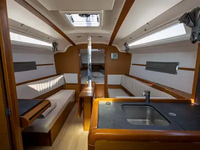 Salon of In The Mood, a Jeanneau Sun Odyssey 349 sailboat at Figari/Golfo Aranci, Italy