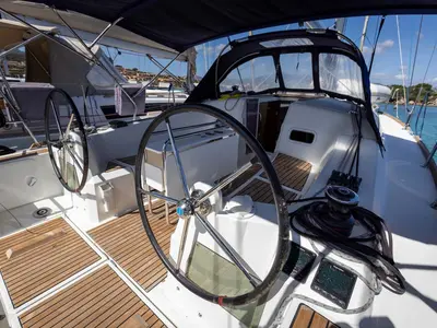 Cockpit of In The Mood, a Jeanneau Sun Odyssey 349 sailboat at Figari/Golfo Aranci, Italy