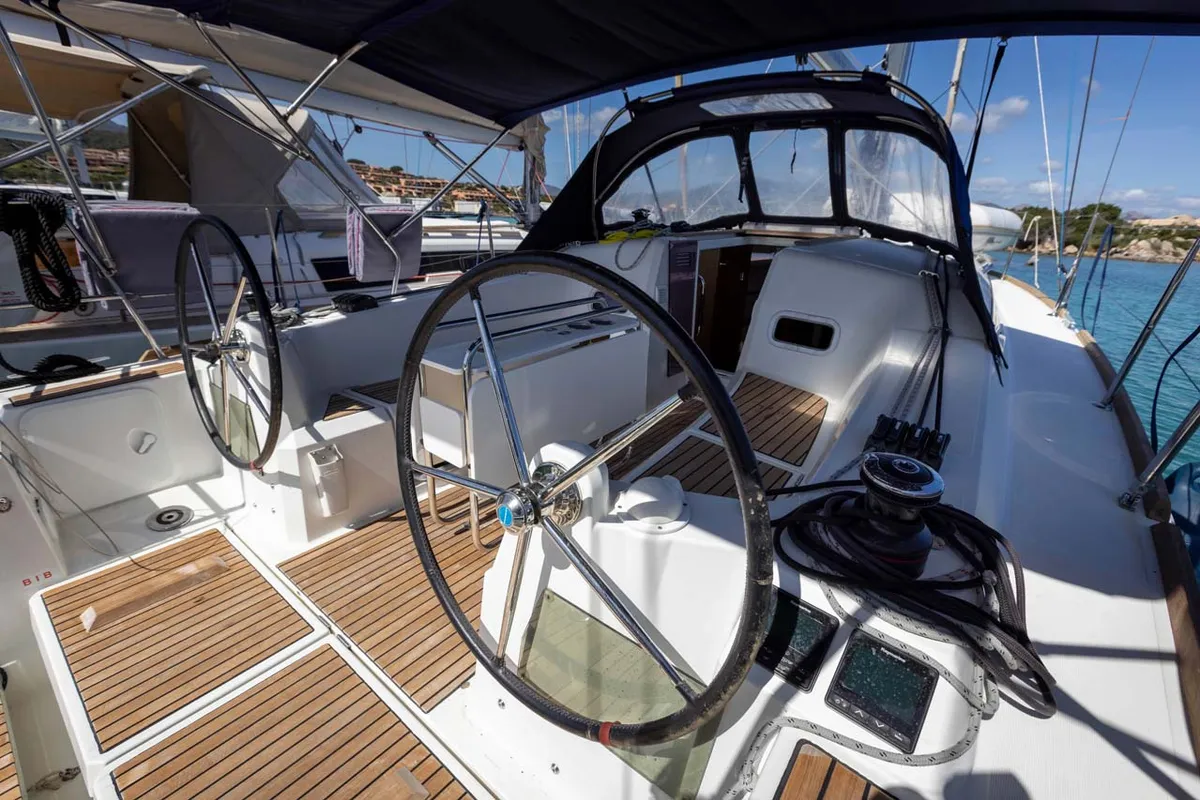 Cockpit of In The Mood, a Jeanneau Sun Odyssey 349 sailboat at Figari/Golfo Aranci, Italy