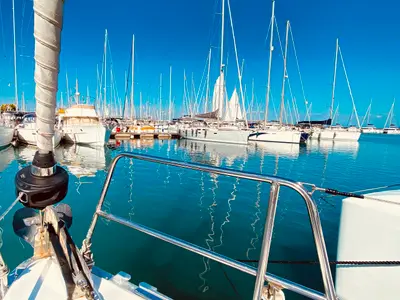 Deck of Euphoria, a Bavaria Cruiser 46 Style sailboat at Municipal Unit of Lefkada, Greece