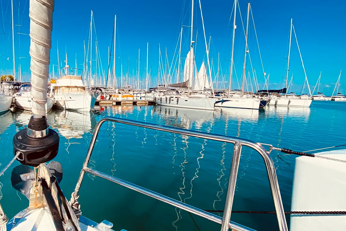 Deck of Euphoria, a Bavaria Cruiser 46 Style sailboat at Municipal Unit of Lefkada, Greece