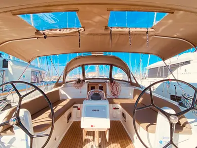 Cockpit of Euphoria, a Bavaria Cruiser 46 Style sailboat at Municipal Unit of Lefkada, Greece