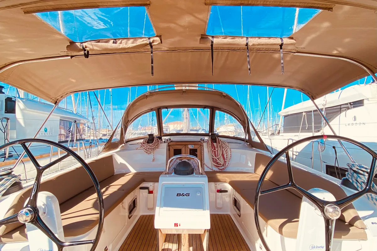 Cockpit of Euphoria, a Bavaria Cruiser 46 Style sailboat at Municipal Unit of Lefkada, Greece
