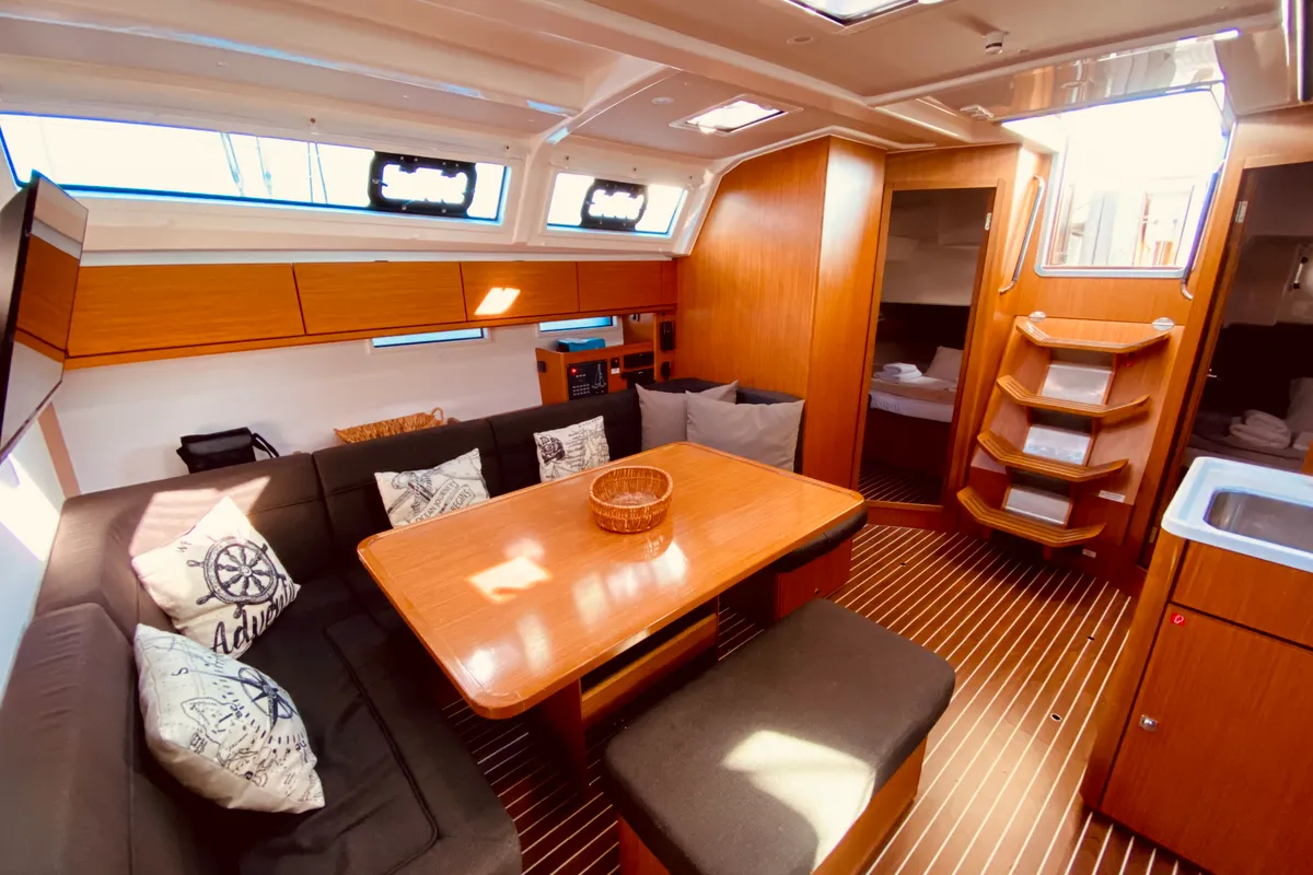Salon of Euphoria, a Bavaria Cruiser 46 Style sailboat at Municipal Unit of Lefkada, Greece
