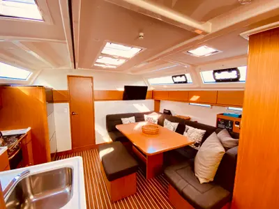 Salon of Euphoria, a Bavaria Cruiser 46 Style sailboat at Municipal Unit of Lefkada, Greece