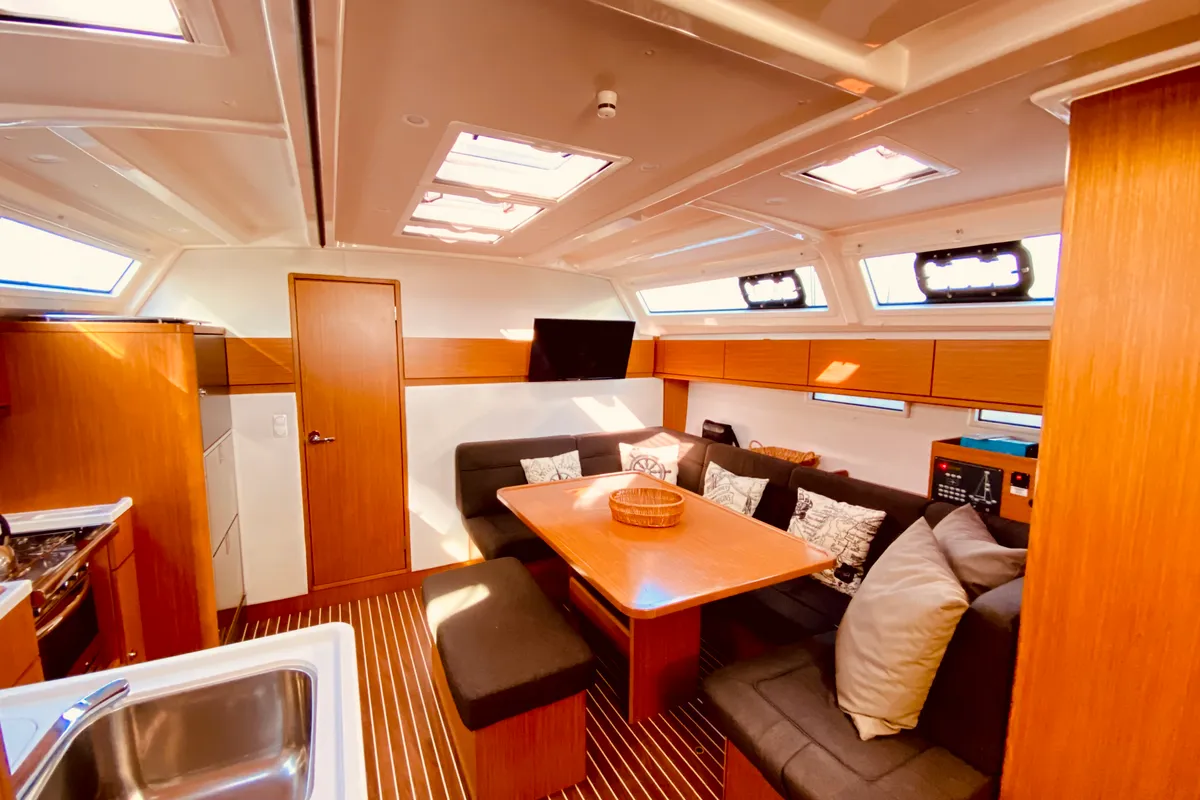 Salon of Euphoria, a Bavaria Cruiser 46 Style sailboat at Municipal Unit of Lefkada, Greece