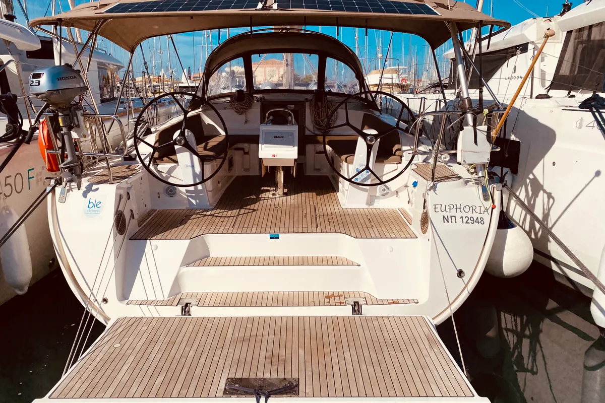 Exterior view of Euphoria, a Bavaria Cruiser 46 Style sailboat at Municipal Unit of Lefkada, Greece