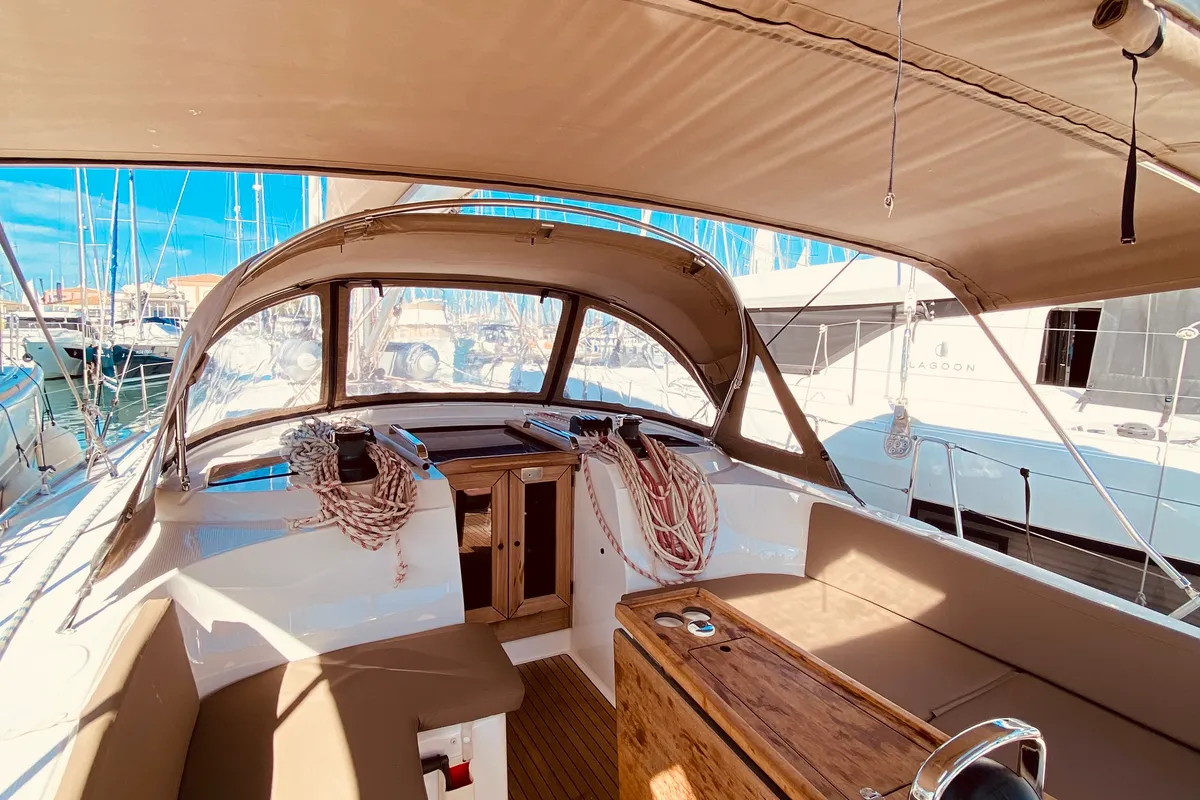 Cockpit of Euphoria, a Bavaria Cruiser 46 Style sailboat at Municipal Unit of Lefkada, Greece