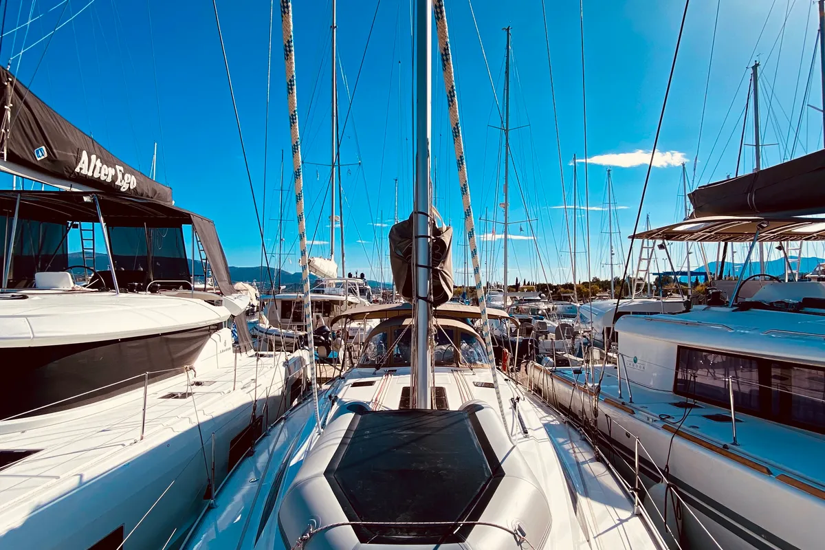 Deck of Euphoria, a Bavaria Cruiser 46 Style sailboat at Municipal Unit of Lefkada, Greece