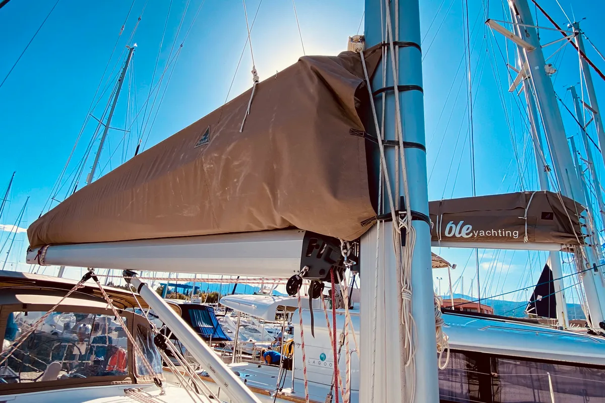 Deck of Euphoria, a Bavaria Cruiser 46 Style sailboat at Municipal Unit of Lefkada, Greece