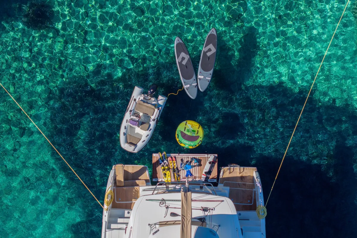 Exterior view of Maestro, a Lagoon 46 catamaran at Lefkada, Greece