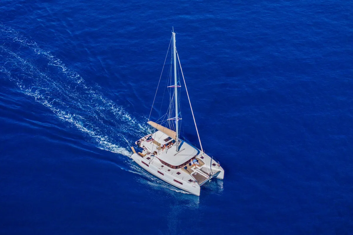 Exterior view of Maestro, a Lagoon 46 catamaran at Lefkada, Greece