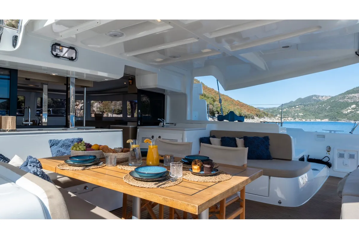 Deck of Maestro, a Lagoon 46 catamaran at Lefkada, Greece